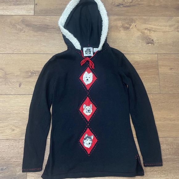 Storybook Knits Northern Friends Husky Samoyed XS S Black and Red Sweater Hoodie - Picture 1 of 7